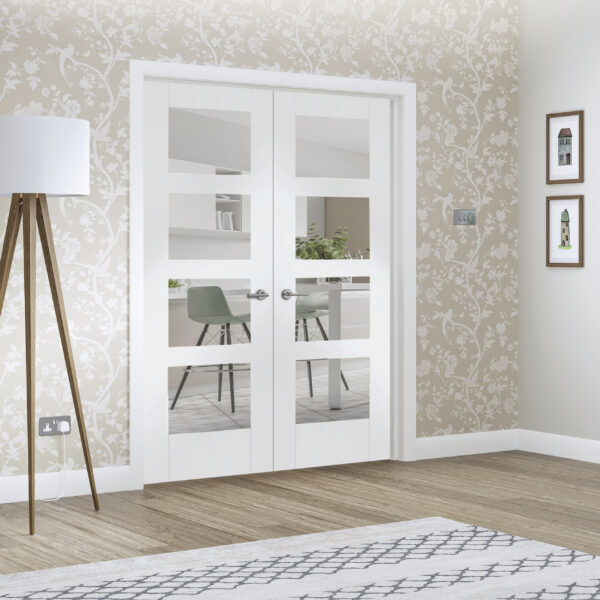 Internal White Primed Shaker Door Pair with Clear Glass