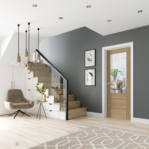 Pre-finished Palermo 2XG Internal Oak Door with Clear Etched Glass