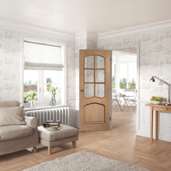 Internal Oak Riviera Door with Clear Bevelled Glass and Raised Mouldings