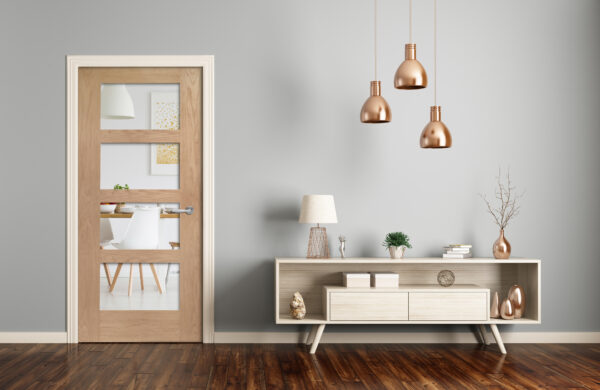 Internal Oak Shaker 4 Panel Fire Door with Clear Glass